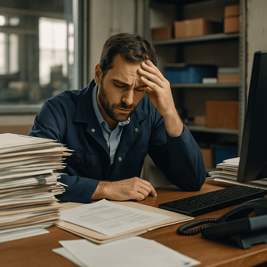 Operator at desk frustrated with tons of paperwork